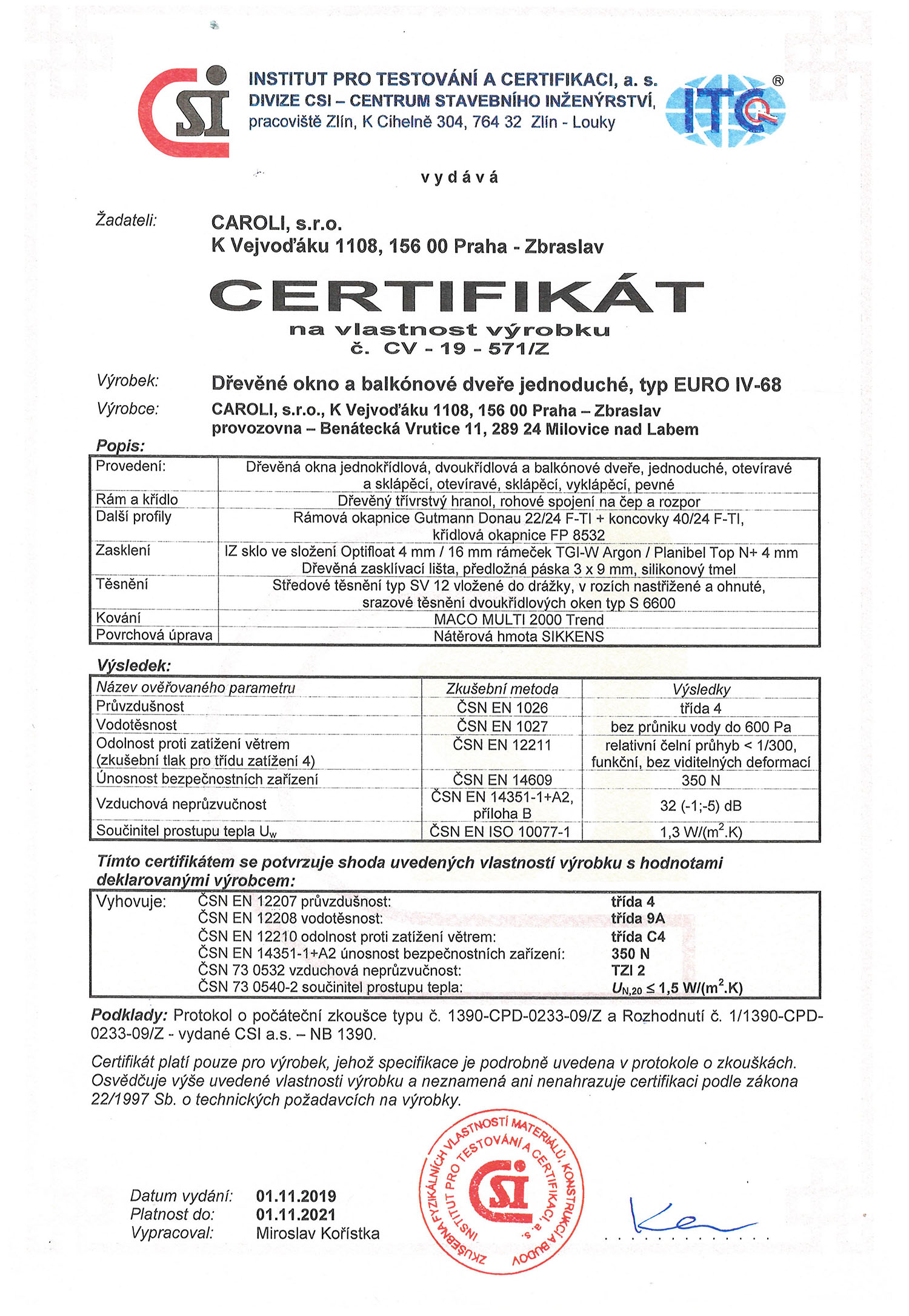 Certifikát dřevěné okno