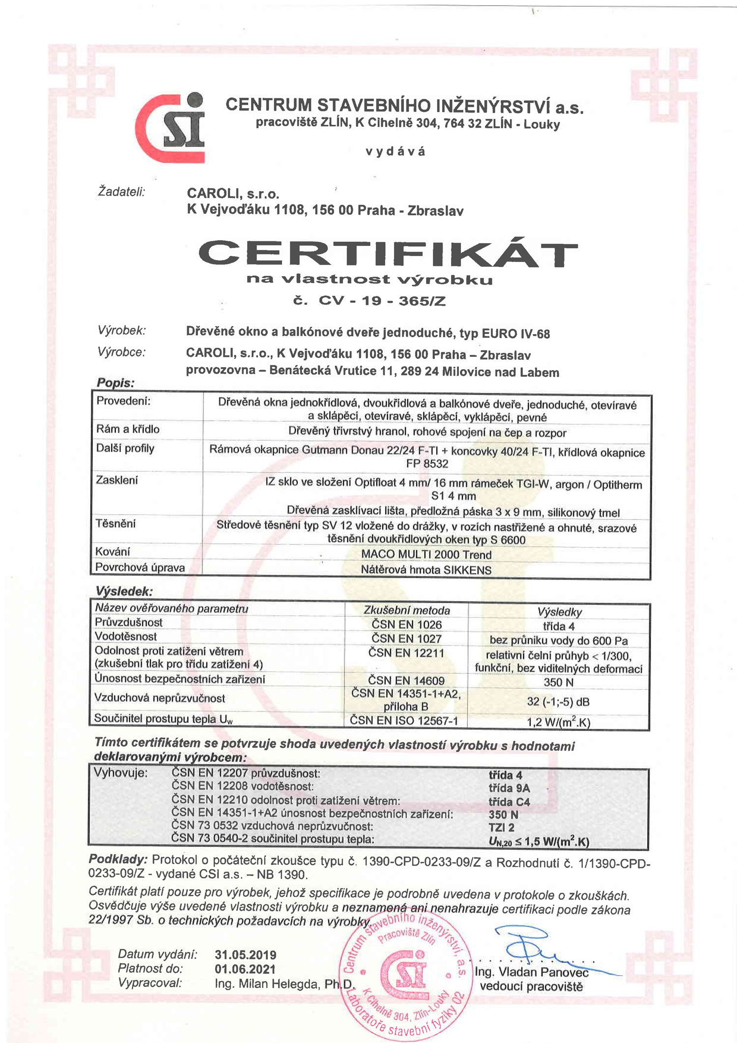 Certifikát dřevěné okno