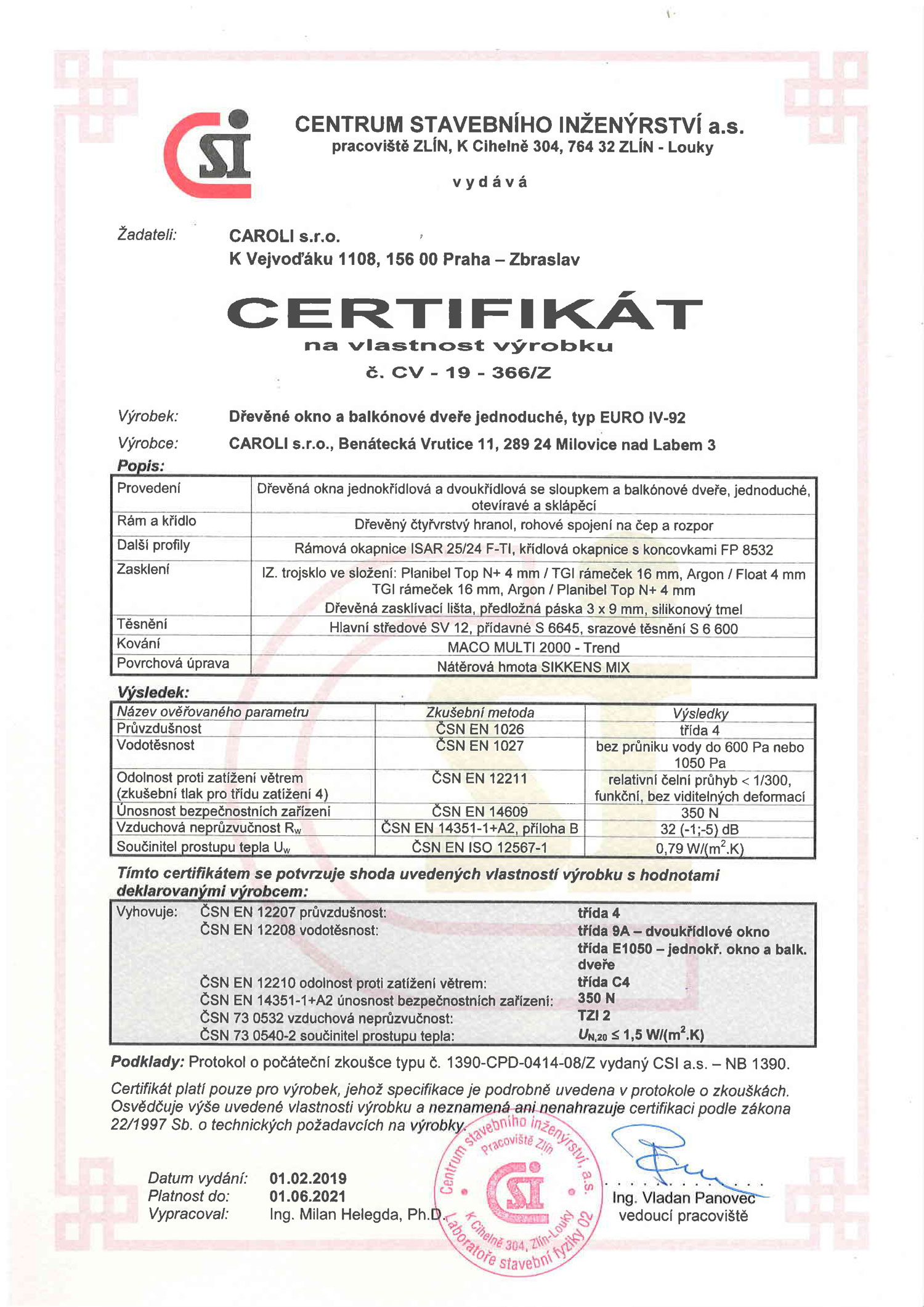 Certifikát na vlastost výrobku